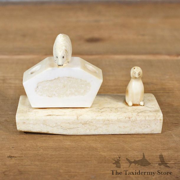 Native Carved Ivory Polar Bear & Puffiin Pen Holder #12077 For Sale @ The Taxidermy Store